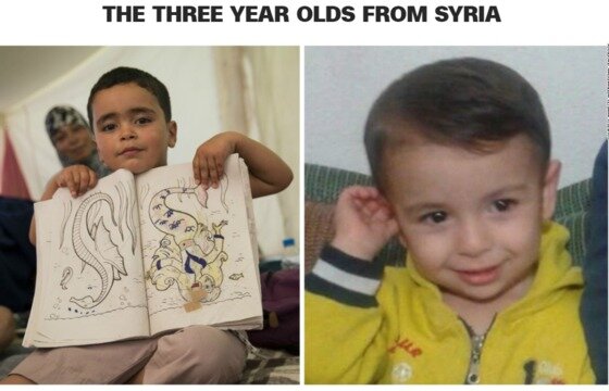 본문 이미지 - 지중해를 건널 당시 아일란 쿠르디와 똑같은 세살배기 시리아 난민이던 하디(왼쪽)와 쿠르디. (출처 : CNN·국제사면위원회)