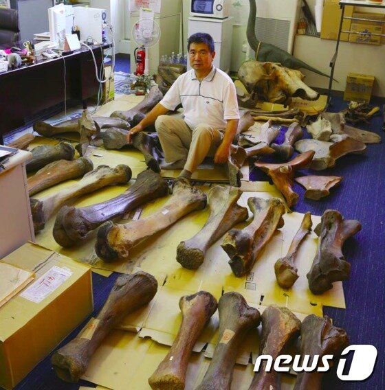 본문 이미지 - 기증자 박희원 과 그가 직접 발굴한 화석들. (문화재청 국립문화재연구소 제공)