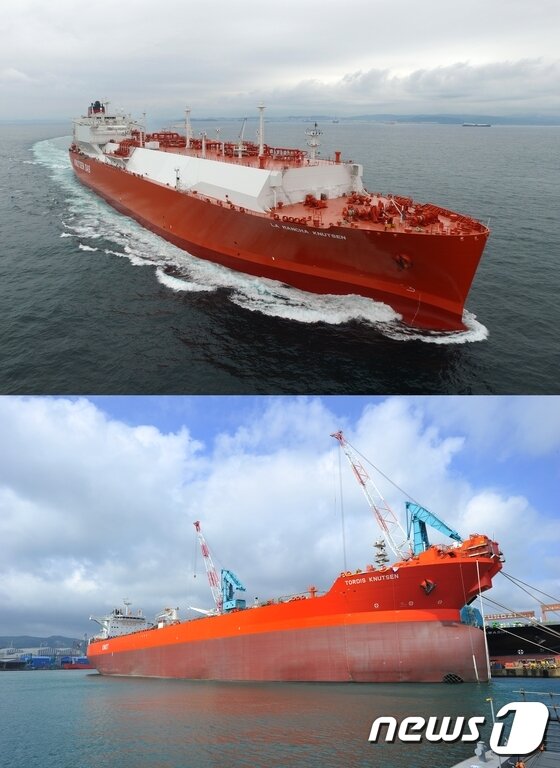 본문 이미지 - 현대중공업 LNG운반선 '라만차'호(상)와 셔틀탱커 '토르디스'호. ⓒ News1