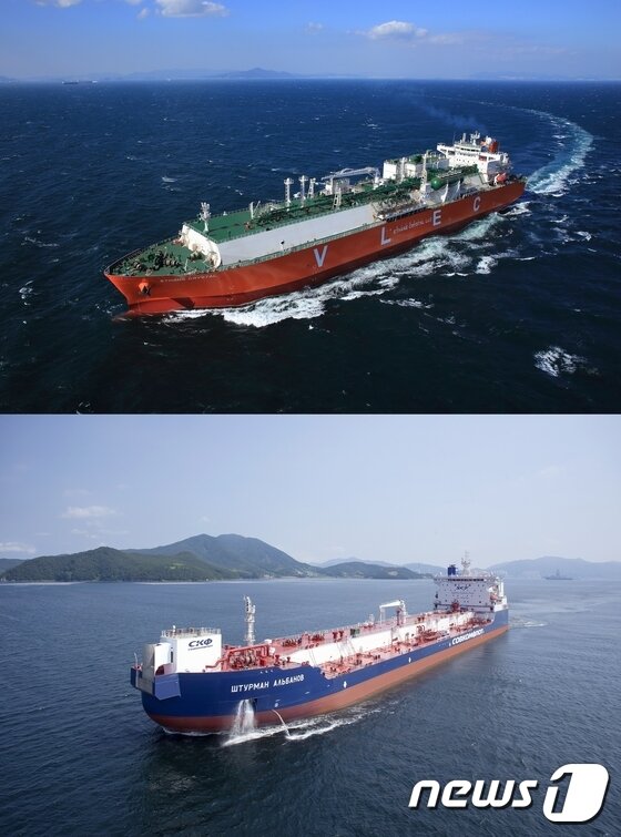 본문 이미지 - 삼성중공업 초대형에탄운반선 '에탄 크리스탈'호(상)와 쇄빙유조선 '시투르만 알바노프'호. ⓒ News1