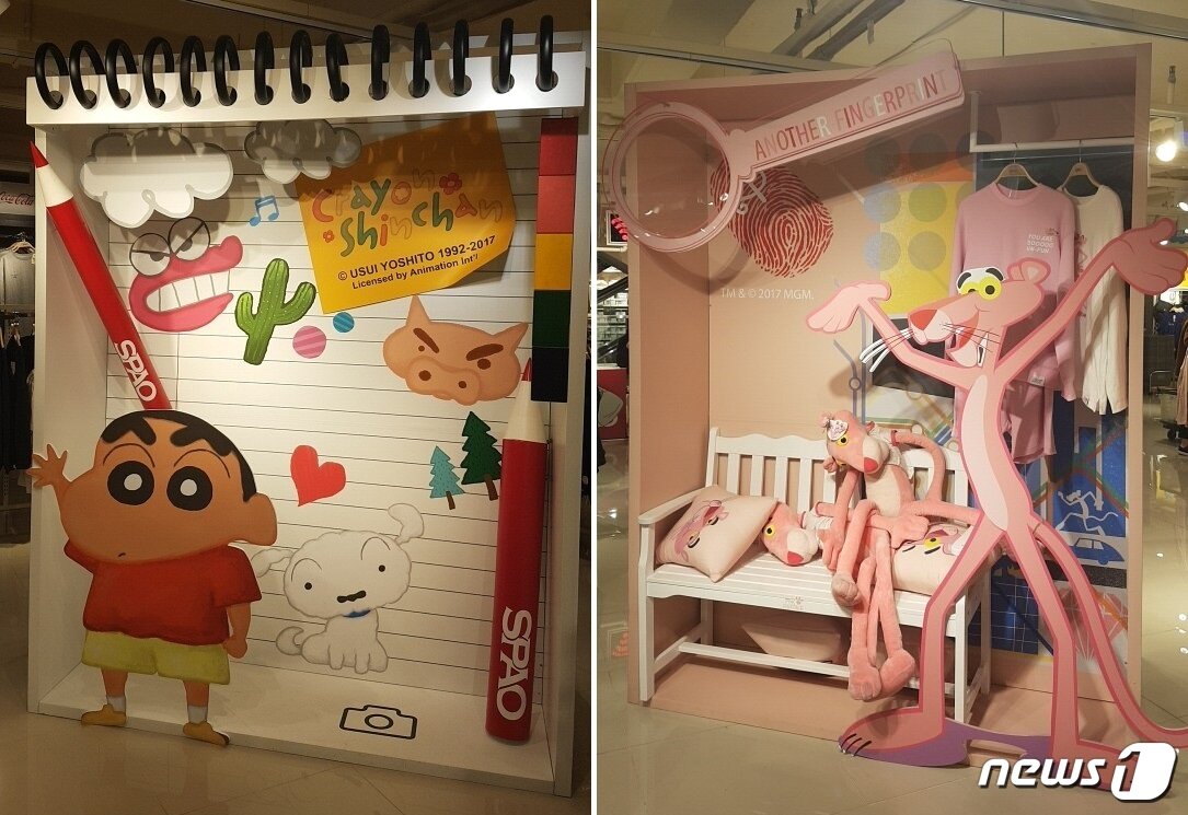 본문 이미지 - 스파오 명동점 4층 '콜라보레이션 아일랜드'에는 짱구·핑크팬더·포켓몬 등 캐릭터와 함께 사진을 찍을 수 있는 포토존이 마련 돼 있다.ⓒ News1 김민석 기자