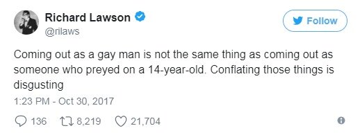 본문 이미지 - 미국 연예 매체 '배니티페어'의 영화 평론가 리처드 로슨이 배우 케빈 스페이시의 성추행 사과문을 지적하는 트위터를 29일(현지시간) 게시했다. (사진=트위터) ⓒ News1