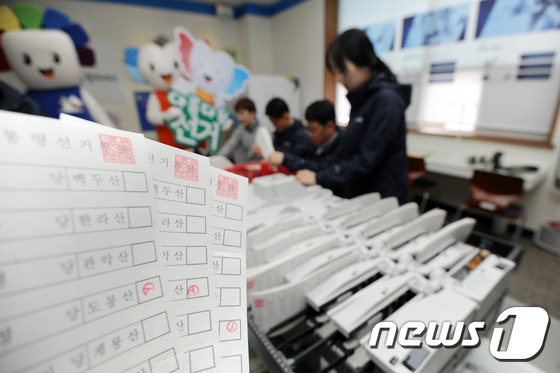 투표지분류기 점검하는 선관위 직원들