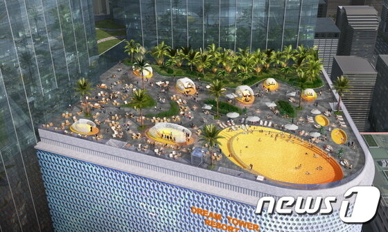 본문 이미지 - 제주의 용암을 표현하기 위해 바닥에 금색의 모자이크 타일을 설치한 8층 풀데크 조감도. ⓒ News1