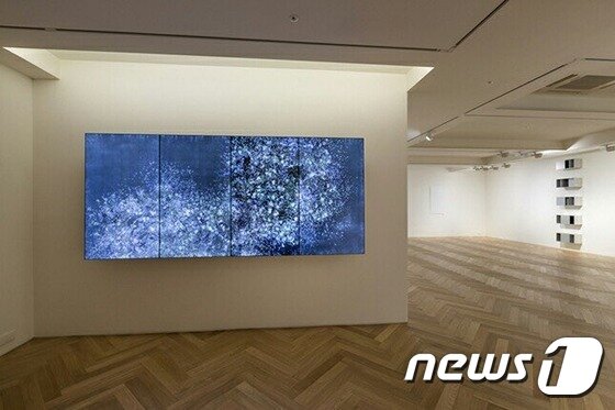 본문 이미지 - 페이스서울 전시 전경. 전시장 입구에 일본 미디어아티스트 팀랩의 작품이 걸려 있다. (페이스서울 제공) ⓒ News1