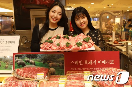 (서울=뉴스1) = 24일 서울 중구 소공동 롯데백화점 본점에서 직원들이 이베리코 흑돼지를 소개하고 있다.롯데백화점은 오는 30일까지 본점에서 ‘이베리코 흑돼지’를 판매한다.‘이베 …