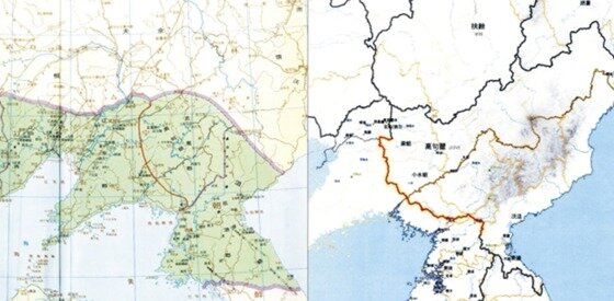본문 이미지 - 이덕일 한가람역사문화연구소장이 자신의 책 '매국의 역사학 어디까지 왔나'에서 중국 동북공정에서 말하는 만리장성선(왼쪽 지도의 붉은 세로선)과 동북아역사지도의 고구려와 한나라의 국경선(오른쪽 지도의 세로의 붉은 선)이 일치한다고 주장했다.ⓒ News1