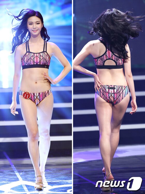 본문 이미지 - 眞에 당선된 서재원이 7일 오후 서울 광진구 유니버설아트센터에서 열린 ‘2017미스코리아 선발대회’에 출전해 수영복 심사를 받고 있다. 2017.7.7/뉴스1 ⓒ News1 권현진 기자