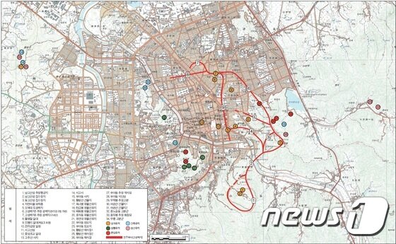 본문 이미지 - 전주 후백제 유적 34곳 분포지도(전주시 제공) ⓒ News1 김춘상 기자