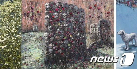 본문 이미지 - 그곳의 봄 The Spring of That Place, 2014, 캔버스에 유채, 조화 Oil, artificial flowers on canvas, 194x379cm (학고재갤러리 제공) ⓒ News1
