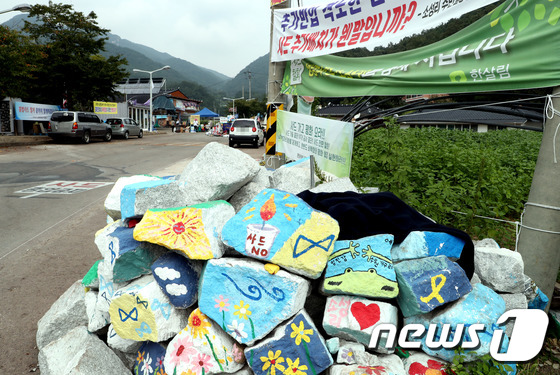 (성주=뉴스1) 이종현 기자 = 10일 오전 경북 성주군 초전면 사드(THAAD·고고도미사일방어체계)기지 진입로인 소성리 마을회관 앞에 사드발사대 배치 작전시 경찰과 사드반대 시민 …