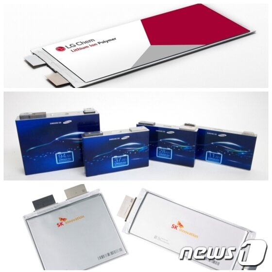 본문 이미지 - 사진 맨 위가 LG에너지솔루션의 파우치형 전기차 배터리, 가운데가 삼성SDI의 각형 배터리, 맨 아래가 SK이노베이션의 파우치형 전기차 배터리. ⓒ News1