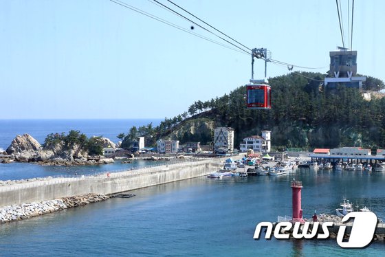 강원도 삼척시 장호어촌체험마을을 배경으로 케이블카가 운행하고 있다. ⓒ News1 서근영 기자