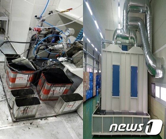 본문 이미지 - 대창과 삼성전자는 지난 3월부터 6월까지 대창의 2차 협력사에 전문인력을 파견해 열악한 사업장 안전환경을 집중적으로 점검, 개선하는 활동을 펼쳤다. 사진은 한 2차 협력사에 국소배기장치를 설치하기 전(왼쪽)과 설치한 뒤 모습.(삼성전자 제공) ⓒ News1