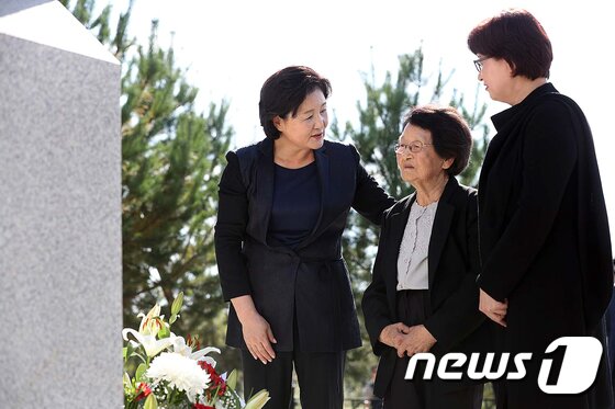 본문 이미지 - 문재인 대통령 부인 김정숙 여사가 헤이그특사 중 일원인 고 이상설 선생의 이남의 외증손녀와 이현원 외손녀와 함께 이상설 선생의 유허비를 참배하고 있다. (청와대)2017.9.6/뉴스1 ⓒ News1 이광호 기자