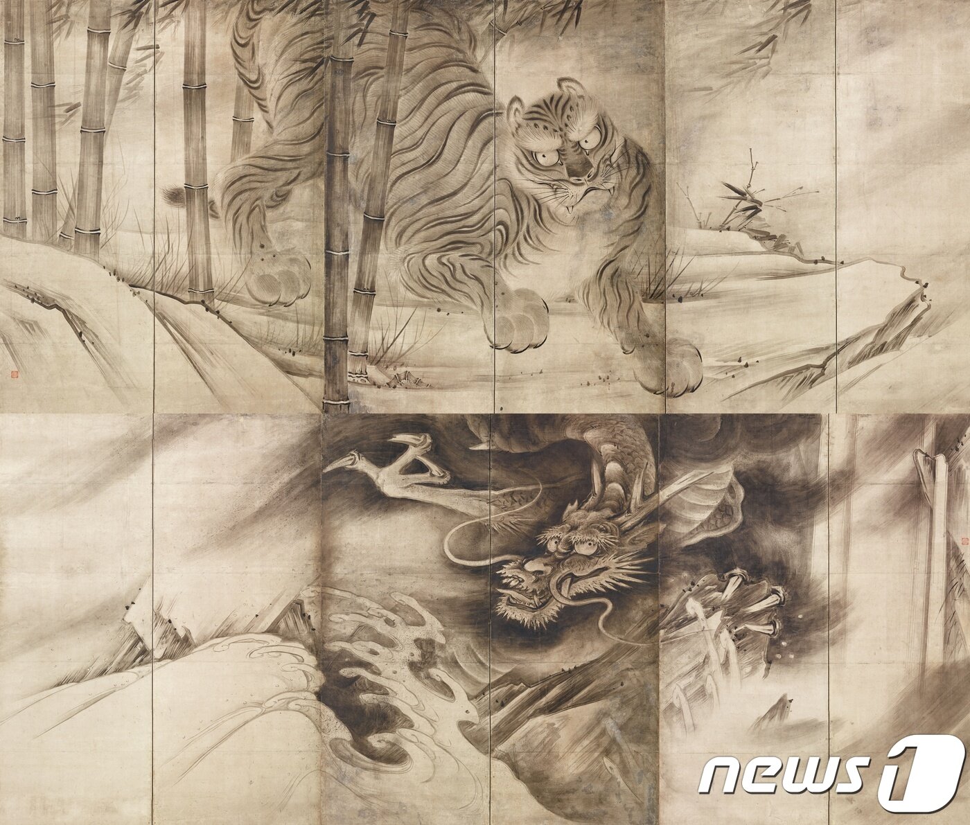 본문 이미지 - '용과 호랑이를 그린 병풍'(龍虎圖屛風), 소가 조쿠안(曾我直庵, 16세기 말~17세기 초 활동), 아즈치모모야마~에도시대, 17세기, 종이에 수묵, 각 163.6&times;361.7cm(6폭 1쌍), 도쿄국립박물관 소장ⓒ News1