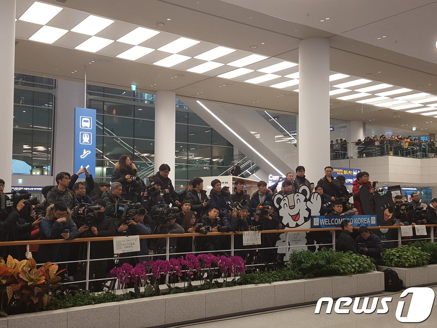 본문 이미지 - 2018 호주오픈 4강 진출이라는 한국 테니스의 새역사를 쓴 정현을 보기 위해 28일 인천공항 제2터미널에 운집한 취재진과 팬들. 2층까지 팬들이 자리를 차지하고 기다리고 있다.ⓒ News1
