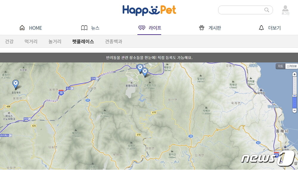 본문 이미지 - 강원지역 지도.(사진 해피펫 펫플레이스 갈무리) ⓒ News1