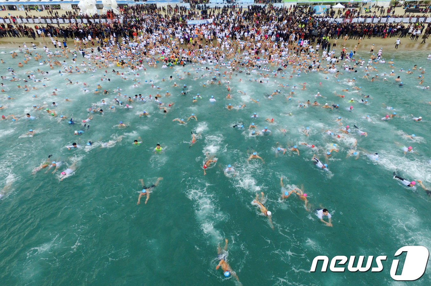 (부산=뉴스1) 여주연 기자 = 7일 부산 해운대해수욕장에서 열린 '제31일 해운대 북극곰 수영축제'에서 4천여 명의 참가자들이 차가운 겨울 바다에 뛰어들어 추위를 만끽하고 있다. …