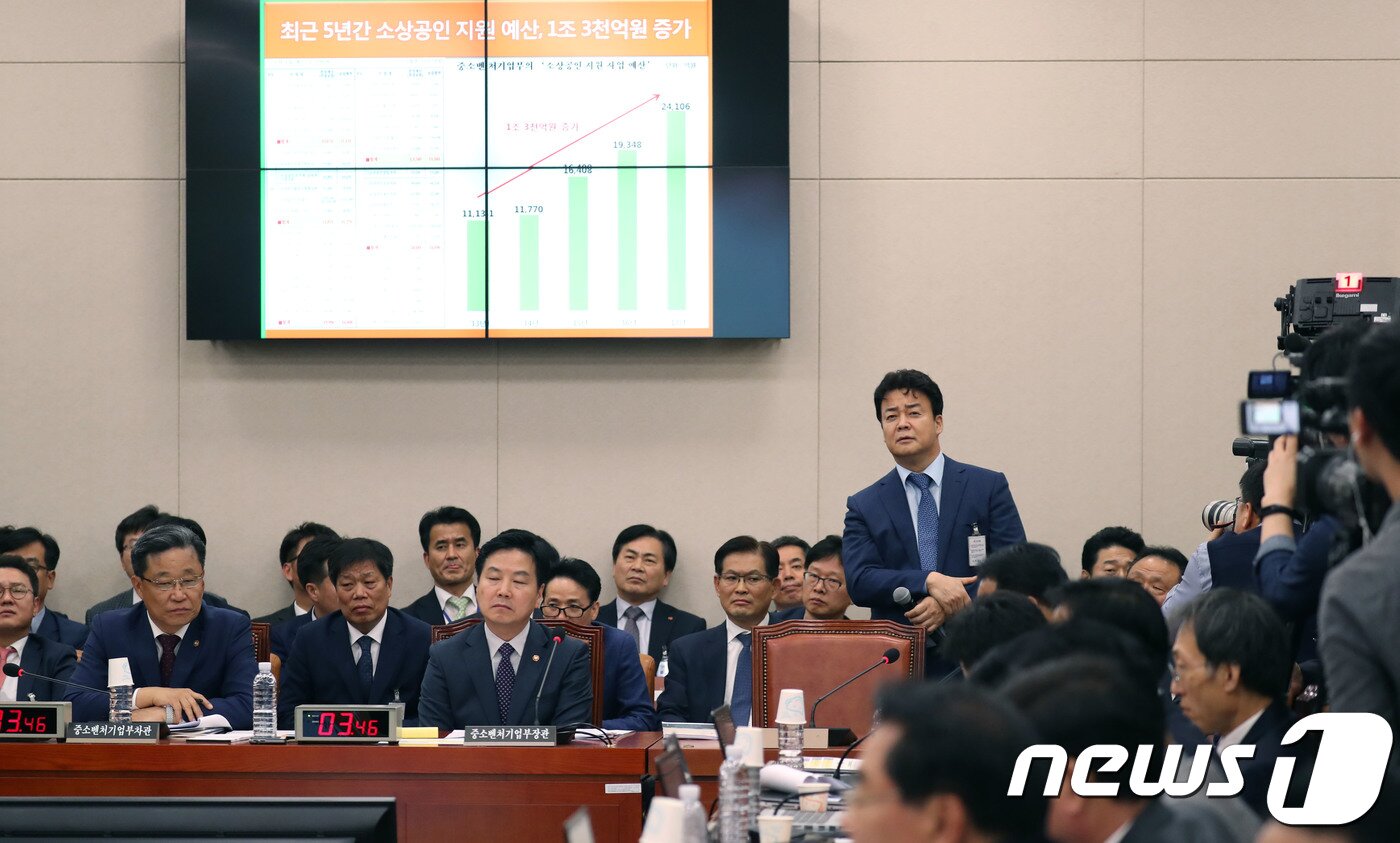 본문 이미지 - 백종원 더본코리아 대표가 12일 서울 여의도 국회에서 열린 산업통상자원중소벤처기업위원회 국정감사에 참고인 신분으로 출석해 의원들의 질의를 경청하고 있다. 2018.10.12/뉴스1 ⓒ News1 임세영 기자