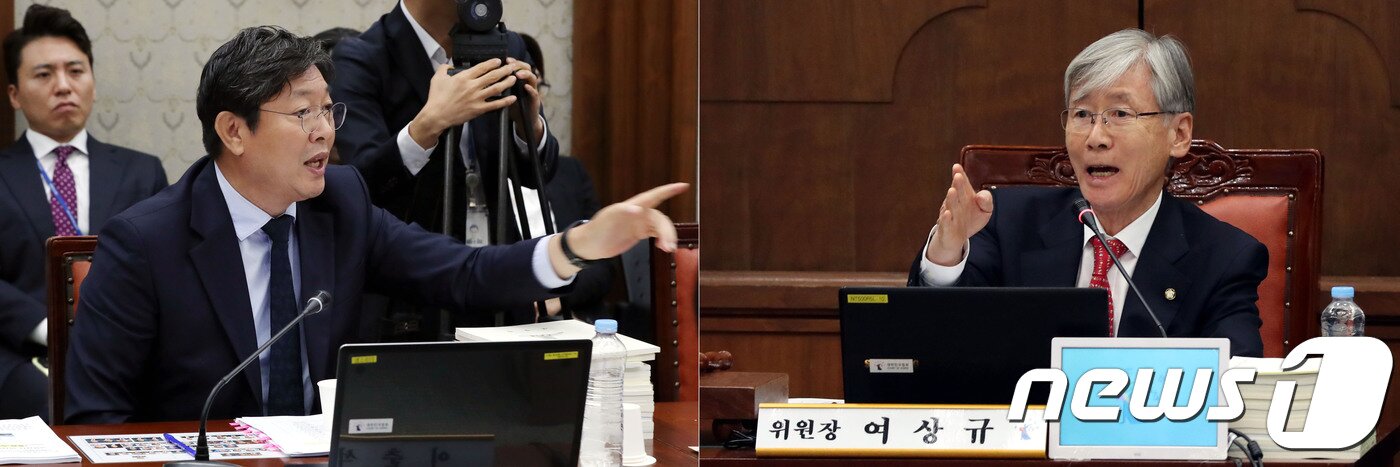 본문 이미지 - 18일 오전 서울 서초동 서울고등법원에서 열린 국회 법제사법위원회의 서울고법, 서울중앙지법 등에 대한 국정감사에서 '강정마을 구상권' 소송을 진행한 판사의 참고인 출석 문제를 두고 여상규 위원장(오른쪽)과 이춘석 더불어민주당 의원이 설전을 벌이고 있다.2018.10.18/뉴스1 ⓒ News1 이광호 기자