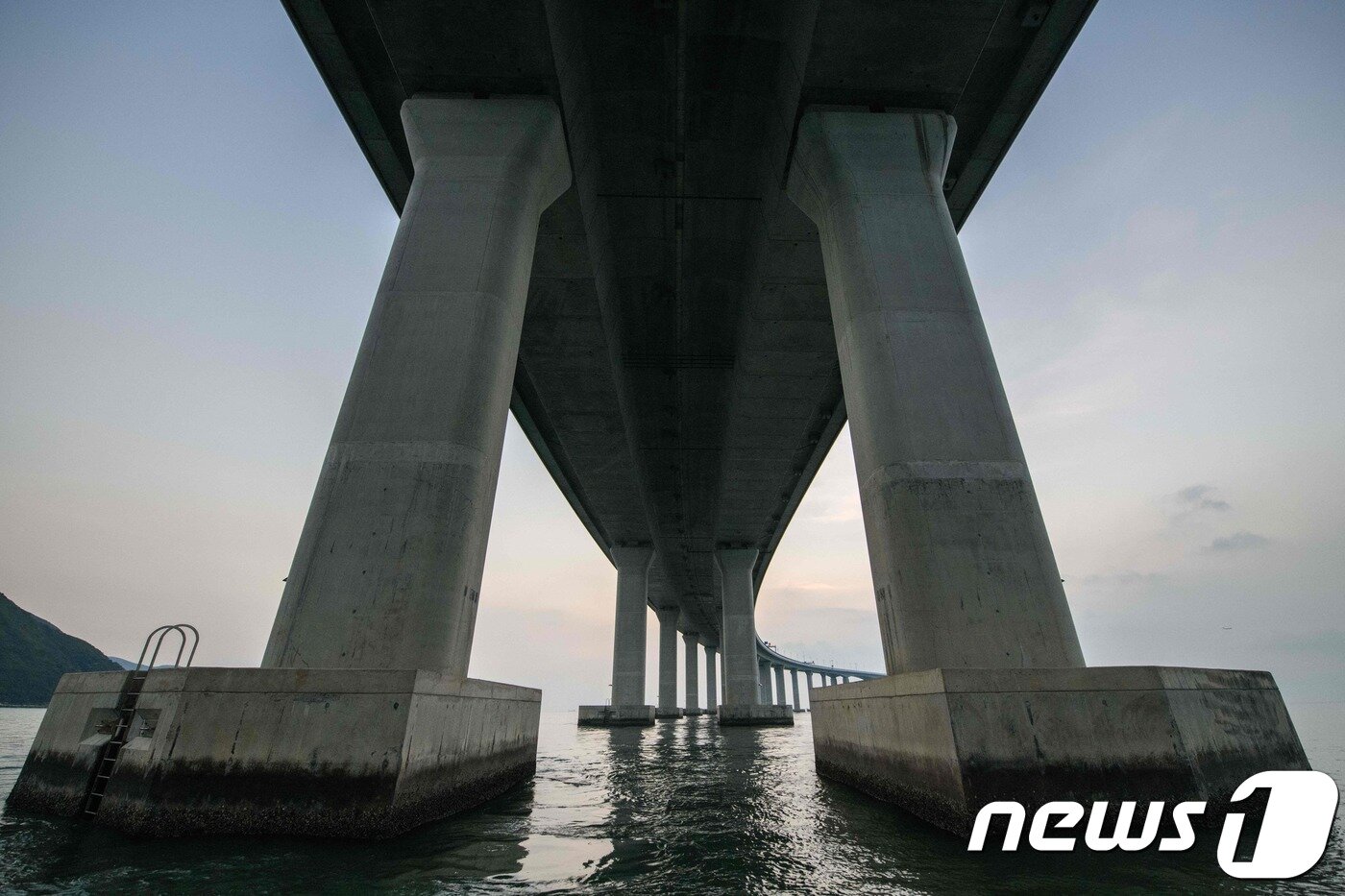 본문 이미지 - 엄청나게 큰 강주아오 대교의 교각. 교각만으로도 다리의 규모를 짐작할 수 있게 한다.  ⓒ AFP=뉴스1 ⓒ News1 박형기 기자