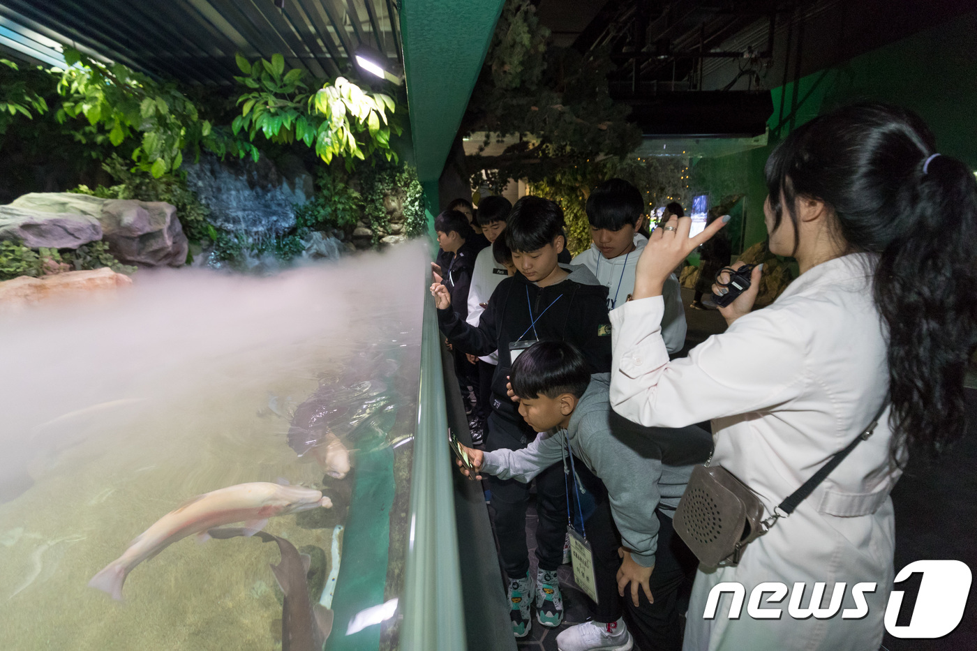(서울=뉴스1) = 25일 서울 송파구 롯데월드 아쿠아리움에서 열린 '드림 잡(Job)' 청소년 직업체험 프로그램에 참여한 신천중학교 학생들이 아쿠아리스트, 수의사, 수산질병관리사 …