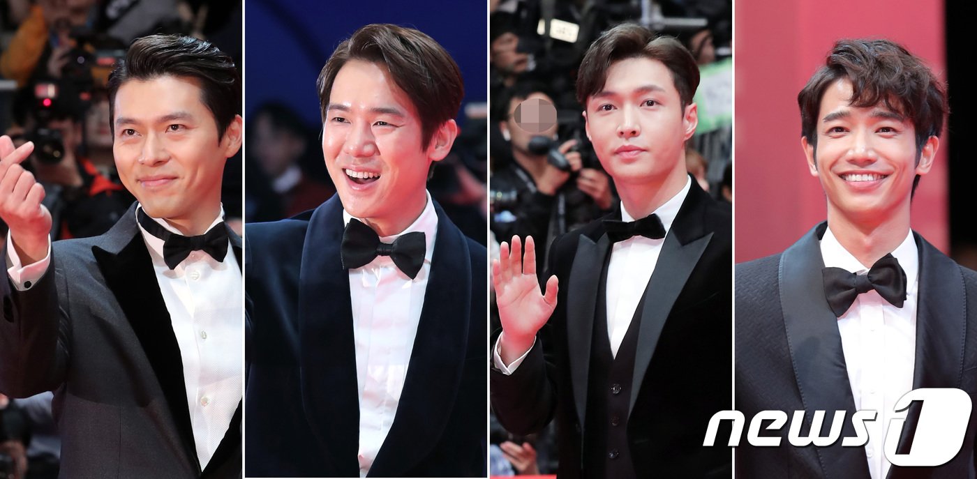 본문 이미지 - 배우 현빈&#40;왼쪽부터&#41;, 유연석, 엑소 레이, 류이호가 4일 오후 부산 해운대구 영화의 전당에서 열린 제23회 부산국제영화제&#40;BIFF&#41; 개막식 레드카펫 행사에 참석해 포즈를 취하고 있다. 2018.10.4/뉴스1 ⓒ News1 권현진 기자