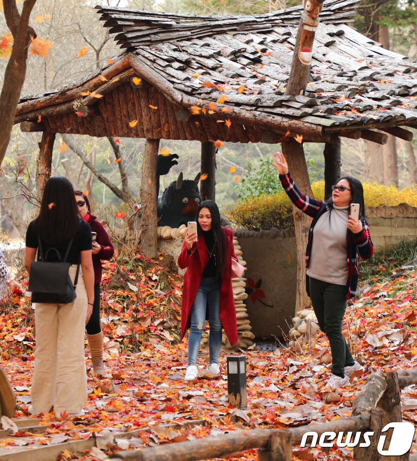 본문 이미지 - 10일 강원 춘천시 남이섬에서 외국인 관광객들이 단풍놀이를 즐기고 있다.2018.11.10/뉴스1 ⓒ News1 이찬우 기자