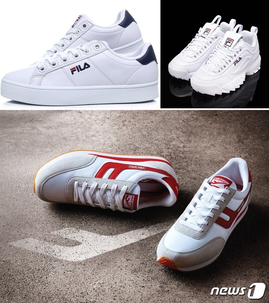 본문 이미지 - 위 왼쪽부터 시계방향으로 휠라 '코트디럭스'(왼쪽) '디스럽터2''  프로스펙스 '오리지널 T'ⓒ News1