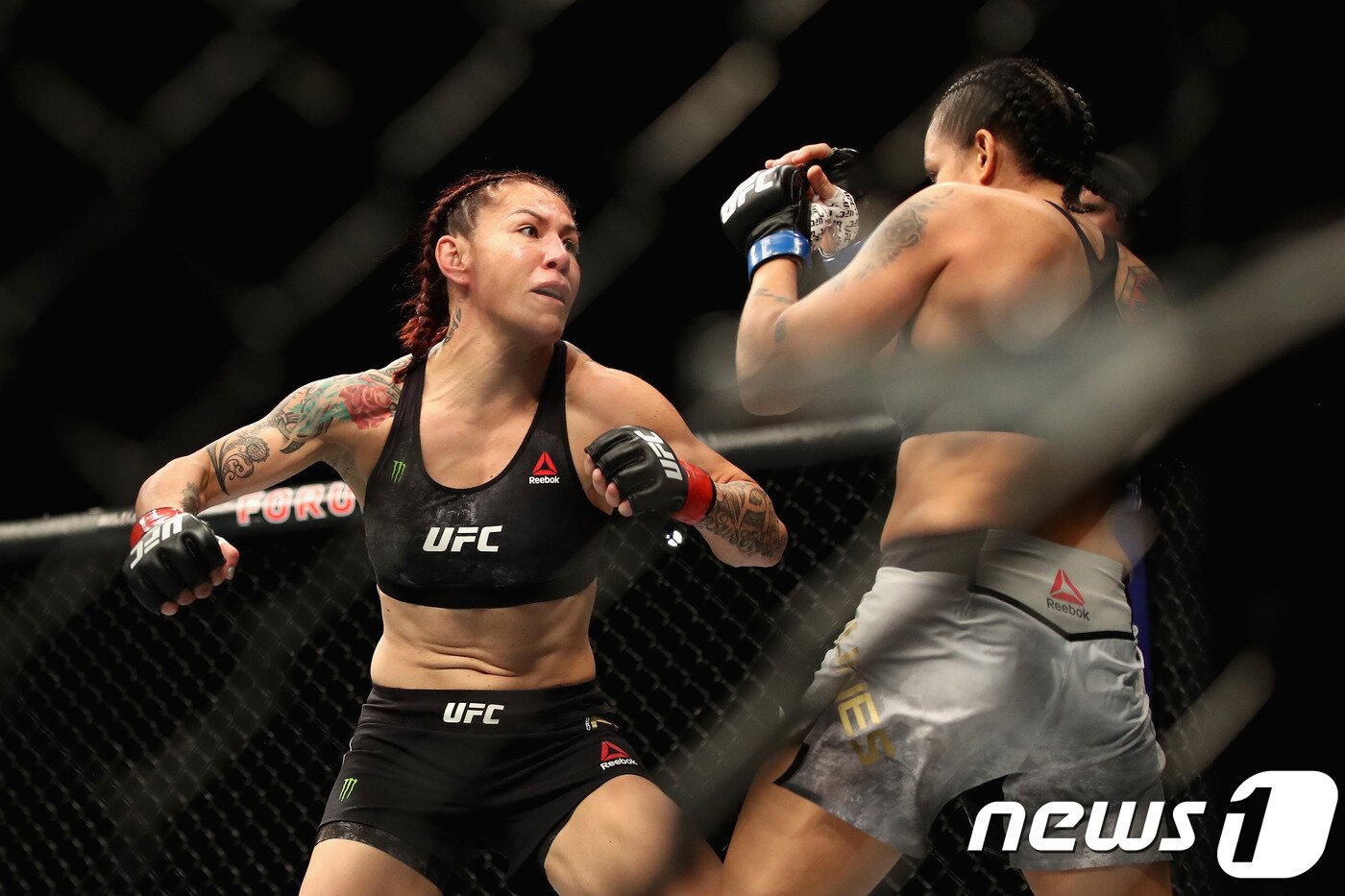 본문 이미지 - 30일(한국시간) 미국 캘리포니아주 로스앤젤레스 더포럼에서 열린 UFC 232 페더급 타이틀전. 크리스 사이보그(왼쪽)가 아만다 누네스에게 펀치를 날리고 있다. ⓒ AFP=News1