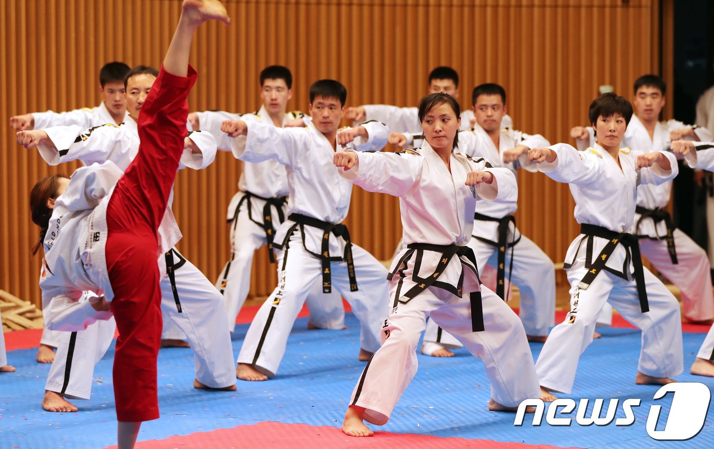 2018 평창동계올림픽을 맞아 구성된 남북 태권도 시범공연단의 합동공연. 2018.2.12/뉴스1 ⓒ News1 사진공동취재단