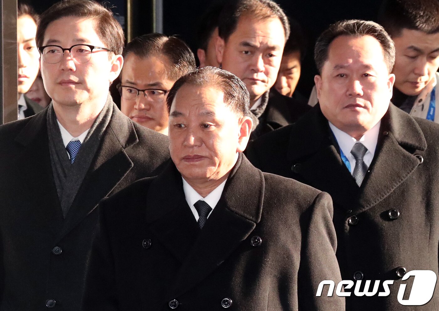 Kim Yong-chol, advisor to the United Front Department, and Ri Son-gwon, director of the Central Committee of the Workers&#39; Party of Korea &#40;right&#41;, who visited South Korea to attend the closing ceremony of the 2018 PyeongChang Winter Olympics in February 2018. 2018.2.25 / News1