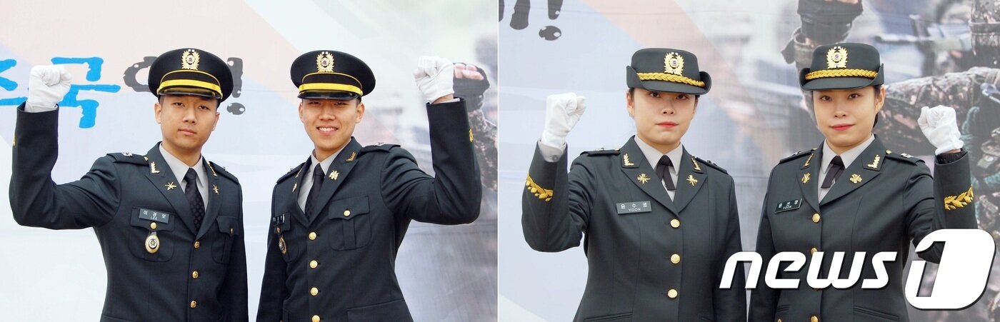 본문 이미지 - 쌍둥이인 형제 김태진(24·목포해양대)·김태현(24·용인대) 소위는 해군과 육군, 자매인 윤수영·윤선영(24·선문대) 소위는 육군으로 임관했다.2018.2.28/ⓒ News1 김정수 기자