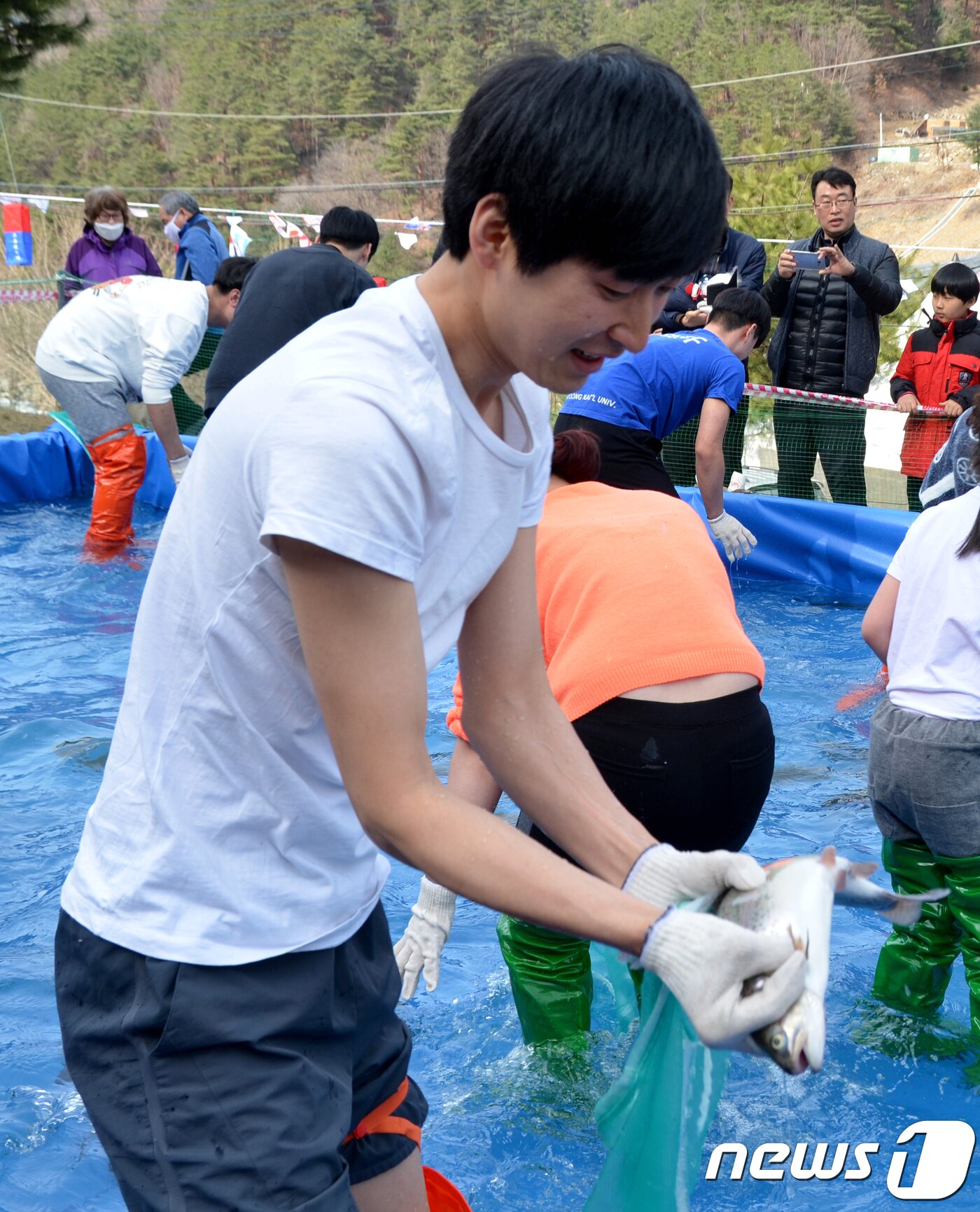 본문 이미지 - 17일 강원 인제군 상남면 미산1리 산림문화휴양관 일원에서 열린 제14회 미산계곡 방태산 고로쇠 축제에서 관광객이 송어 맨손잡기를 체험하고 있다. 고로쇠 축제는 18일까지 열린다. 2018.3.17/뉴스1 ⓒ News1 최석환 기자