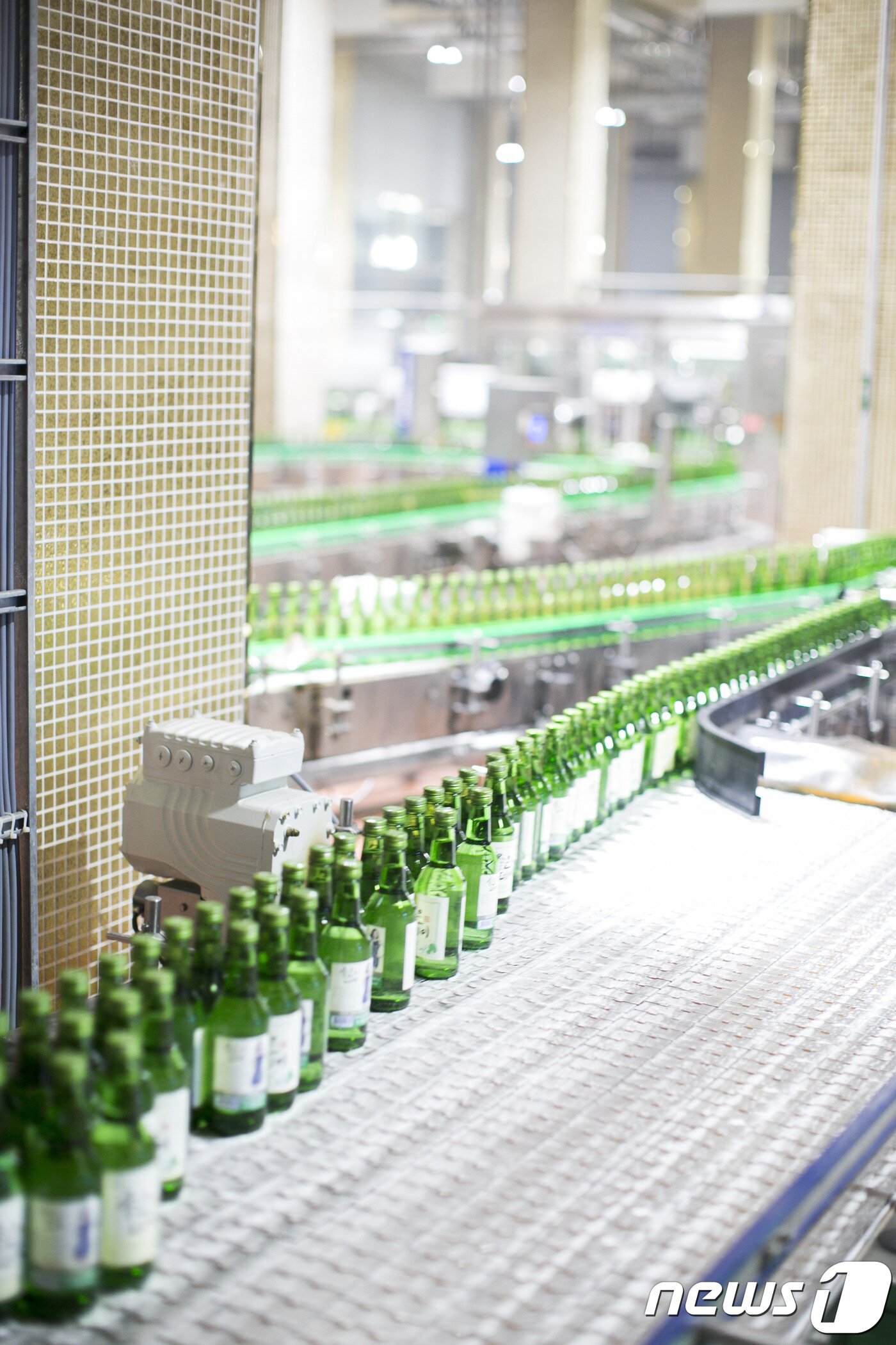 본문 이미지 - 무학 창원2공장 생산설비 위에서  놓여 있는 제품포장 직전 상태의 '좋은데이' 소주 ⓒ News1