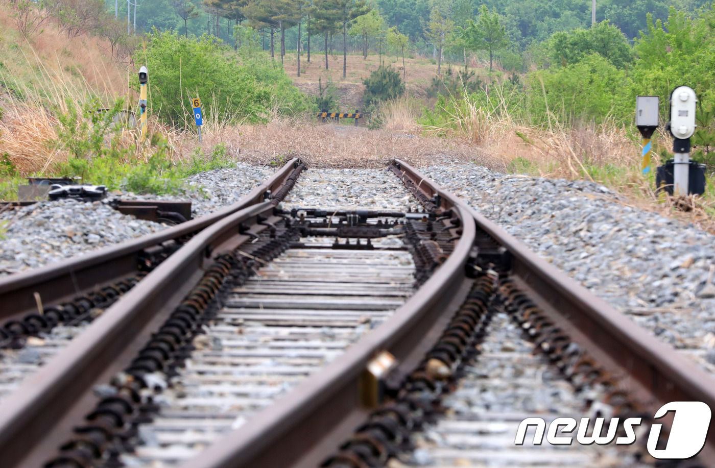 (고성=뉴스1) 고재교 기자 = 1일 오후 강원도 고성군 민통선 내 동해선 제진역에서 강릉역 방향 철로가 끊겨 있다.지난달 27일 열린 남북정상회담에서 남북철도 연결 사업이 거론됐 …