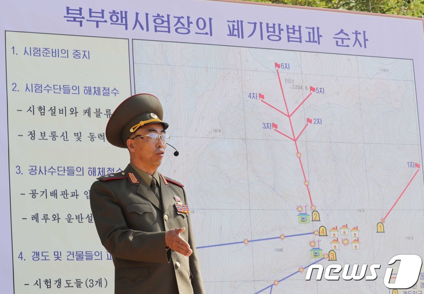 본문 이미지 - 2018년 5월24일 북한 핵무기연구소 관계자들이 함경북도 길주군 풍계리 핵실험장 폐쇄를 위한 폭파 작업을 했다. 핵무기연구소 부소장이 핵시험장의 폐기 방법과 순서에 대해 설명하고 있다. 2018.5.25/뉴스1 ⓒ News1 사진공동취재단