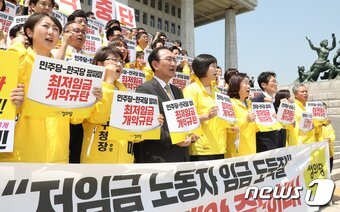 본문 이미지 - 이정미 정의당 대표가 28일 오후 서울 여의도 국회 본관 앞에서 결의대회를 열고 최저임금 개악 중단을 촉구하고 있다.  2018.5.28/뉴스1 ⓒ News1 신웅수 기자