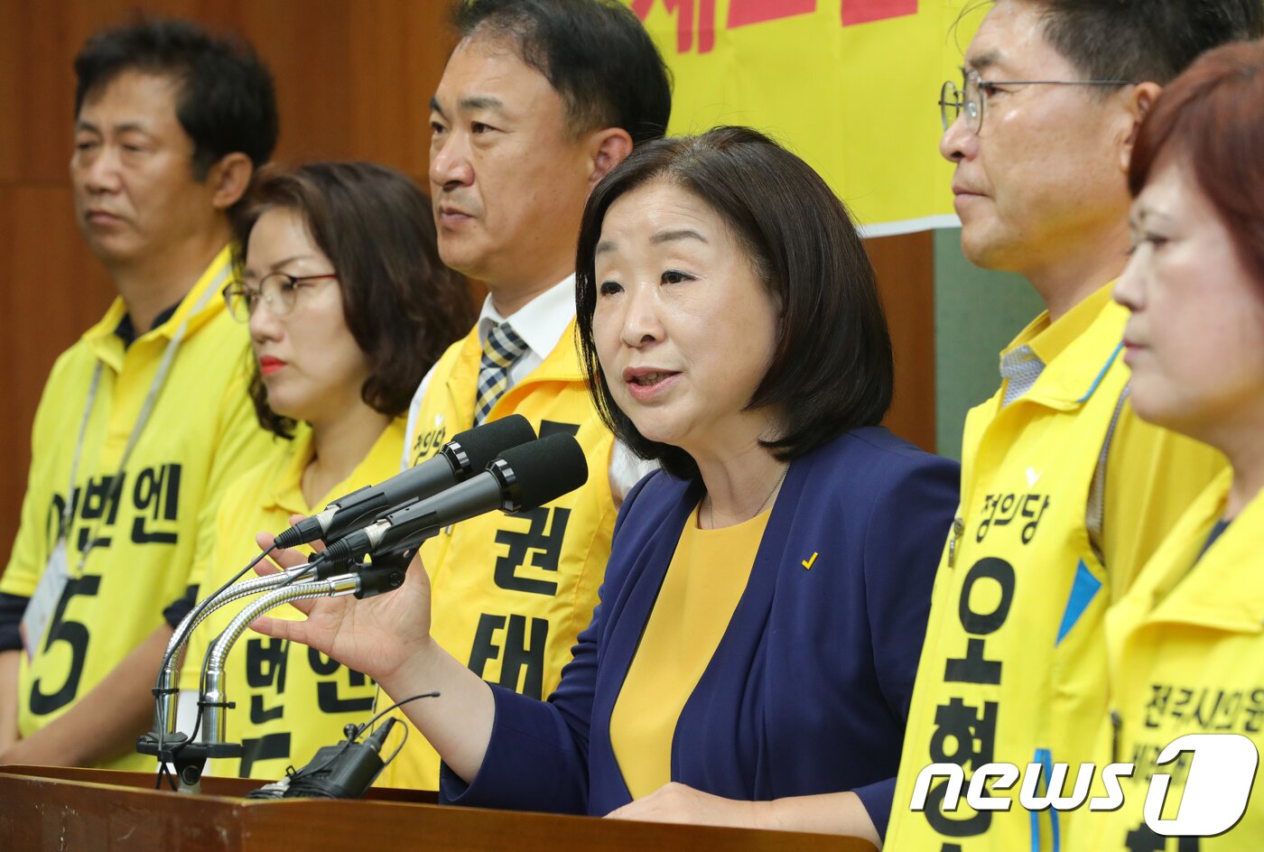 본문 이미지 - 심상정 정의당 공동선대위원장이 11일 전북 전주시 전라북도의회에서 권태홍 전북도지사 후보 등 지역 후보들과 함께 기자회견을 하고 있다.2018.6.11/뉴스1 ⓒ News1 문요한 기자