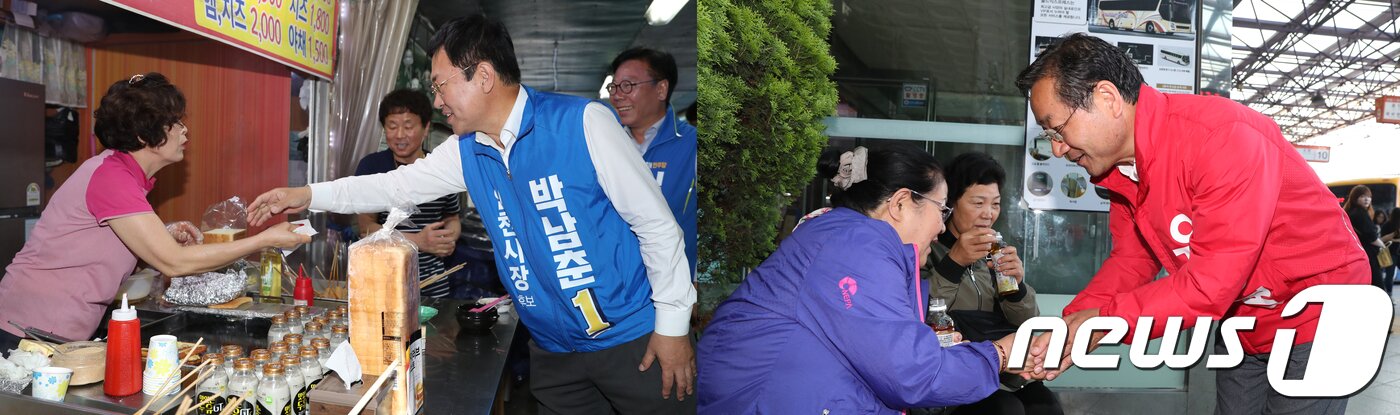 본문 이미지 - 박남춘 더불어민주당 인천시장 후보와 유정복 자유한국당 후보가 12일 인천시 각 지역에서 시민들과 인사를 나누며 마지막 선거유세를 하고 있다.2018.6.12/뉴스1 ⓒ News1 정진욱 기자