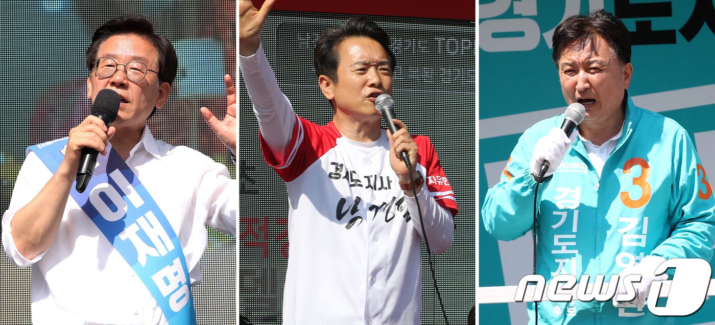 본문 이미지 - 경기도지사 후보들이 6.13 지방선거를 하루 앞둔 12일 오후 경기도 지역에서 유권자들에게 지지를 호소하고 있다. 남양주에서 지지 호소하는 이재명 더불어민주당 후보(왼쪽부터), 안산에서 지지 호소하는 남경필 자유한국당 후보, 안산에서 지지 호소하는 김영환 바른미래당 후보. 2018.6.12/뉴스1 ⓒ News1 박세연 기자,오장환 기자
