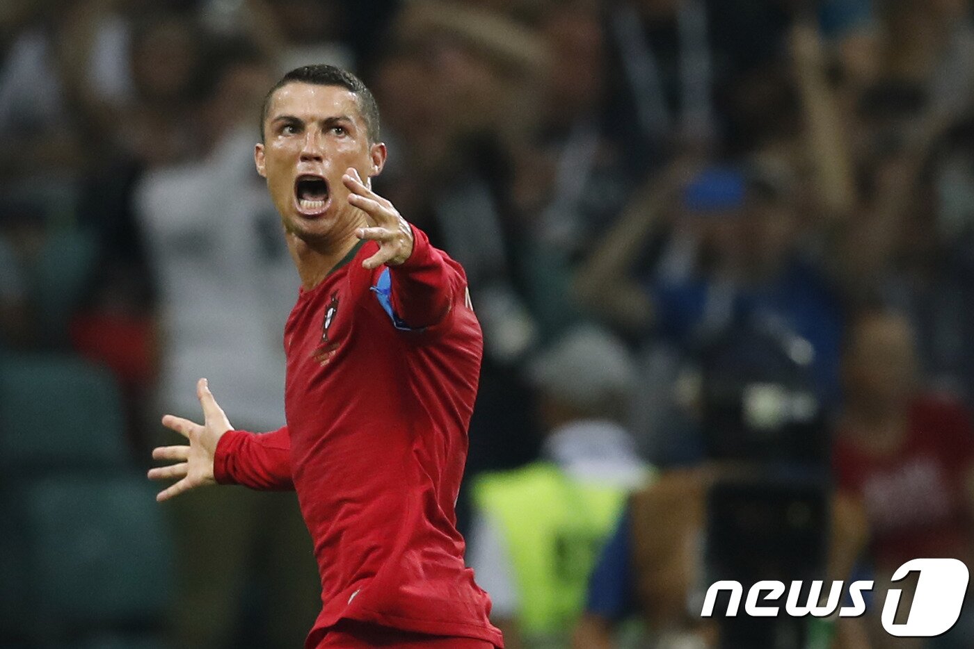 본문 이미지 - 포르투갈의 크리스티아누 호날두가 16일(한국시간) 러시아 소치의 피시트 스타디움에서 열린 스페인과의 2018 국제축구연맹(FIFA) 러시아 월드컵 B조 조별예선 1차전에서 득점 후 세리머니를 하고 있다. ⓒ AFP=News1