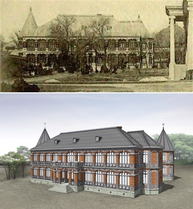 본문 이미지 - 돈덕전과 석조전 애뉴얼리포트(1911년 조선총독부, 위 사진), 돈덕전 복원 투시도(아래). 문화재청 제공