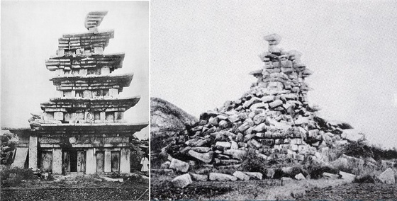 1910년 미륵사지 석탑 동측면(왼쪽)과 서측면.(문화재청 제공)