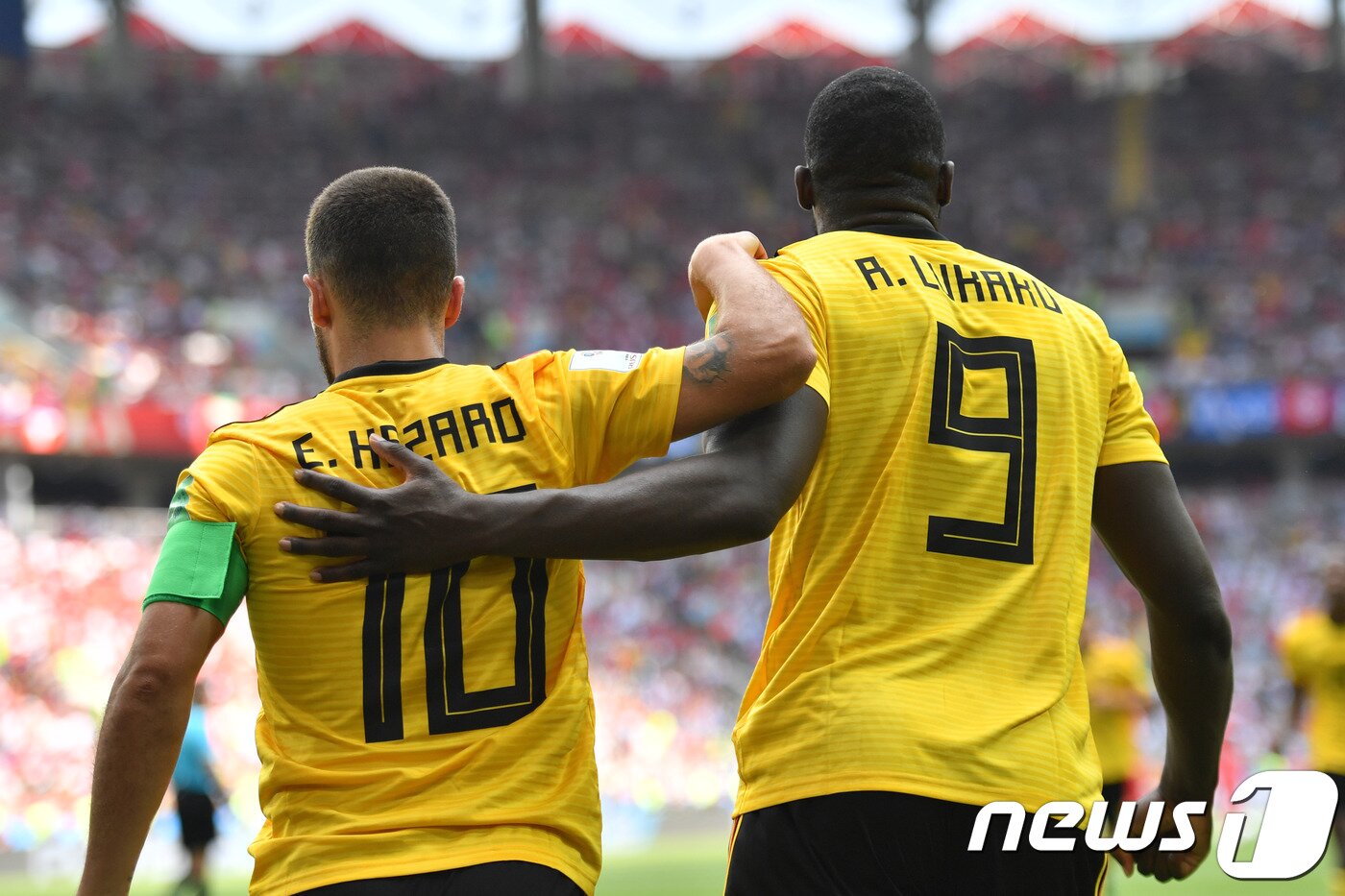 본문 이미지 - 벨기에의 에당 아자르와 로멜루 루카쿠가 23일(한국시간) 튀니지와의 2018 러시아월드컵 G조 조별예선 2차전에서 두골씩 넣었다. ⓒ AFP=News1