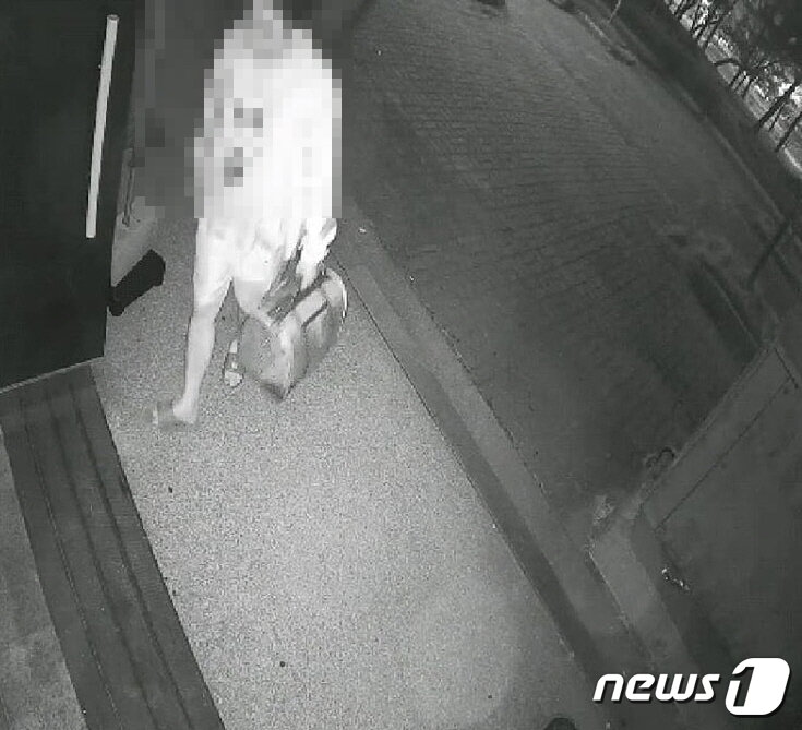 본문 이미지 - 고양이카페 앞에 고양이가 들어있는 이동장을 버리고 가는 A씨의 모습이 카페 폐쇄회로(CC)TV에 담겼다.(사진 김씨 제공)ⓒ News1