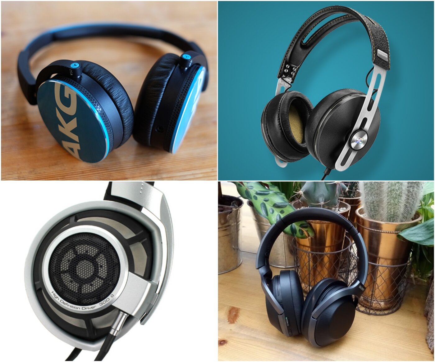 본문 이미지 - 트러스티드 리뷰 선정 ‘헤드폰 톱10’ 중 4개 제품. 왼쪽 위부터 시계방향으로 Y50, 모멘텀 2.0, MDR-1000XM2, HD800