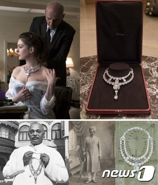본문 이미지 - 영화 '오션스8'의 '투생 목걸이'(위)' 1931년 자크 까르띠에가 인도 나바나가르의 군주 마하라자를 위해 디자인한 목걸이와 디자인 스케치 . 사진:워너브러더스코리아, 까르띠에 ⓒ News1