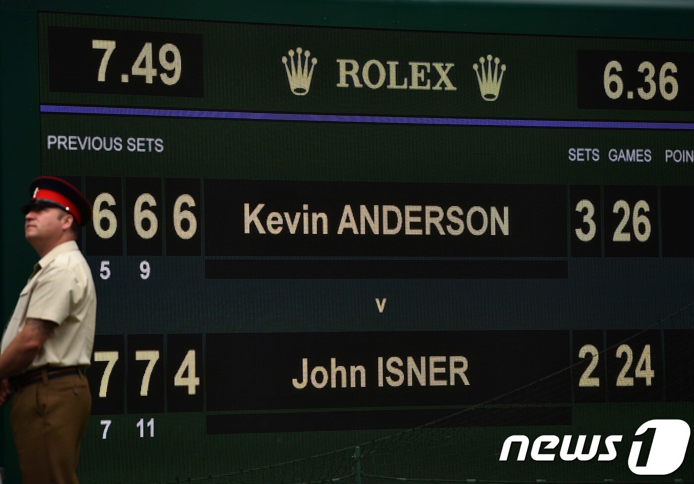 본문 이미지 - 케빈 앤더슨과 존 이스너의 2018 윔블던 남자단식 4강전 스코어. ⓒ AFP=News1